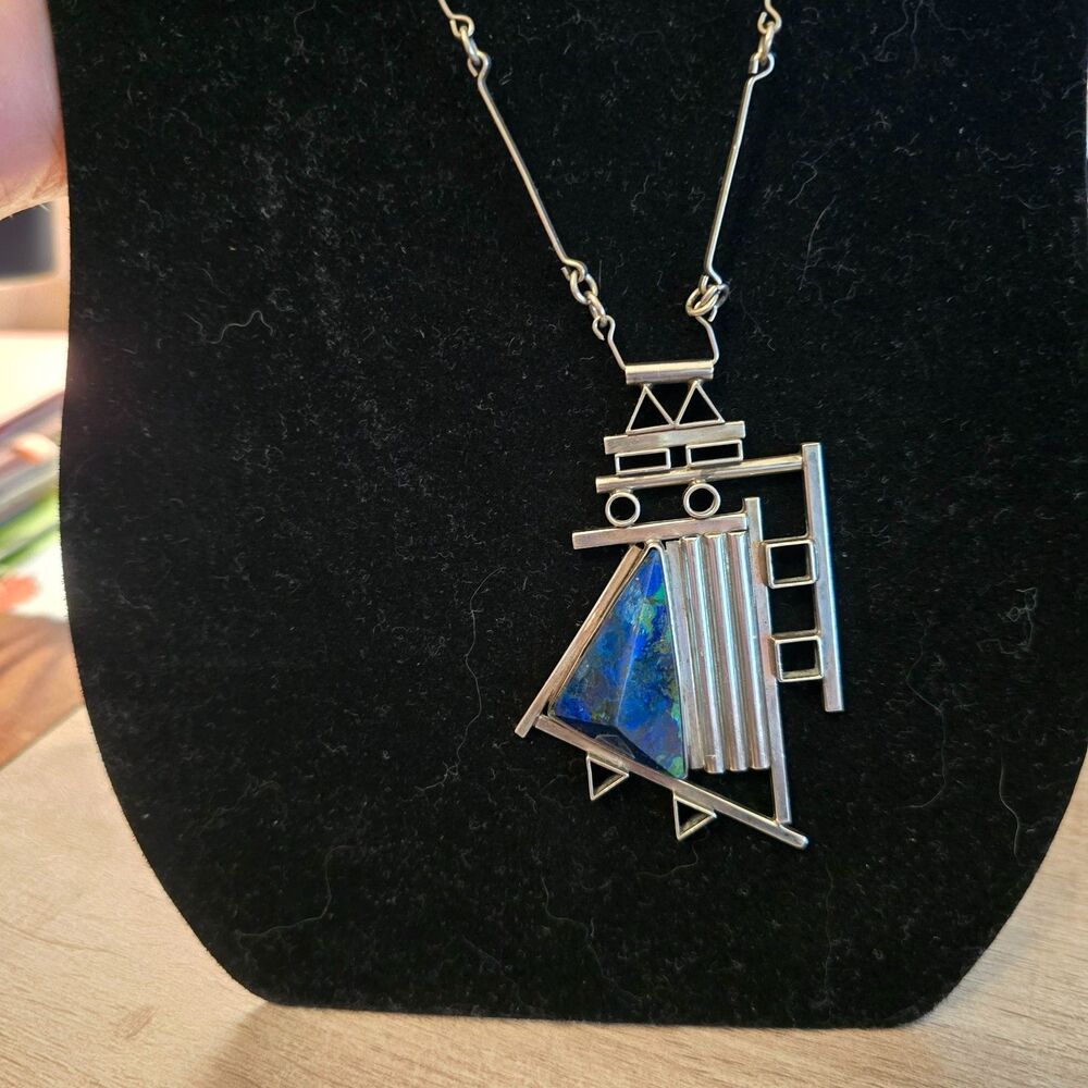 Vintage Aaron Rubinstein Sterling Azurite Pendant Modernist Necklace